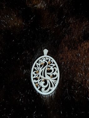 Vtg Signed Monet Bird Of Paradise Enamel Oval Pendant with Gold Tone Accents